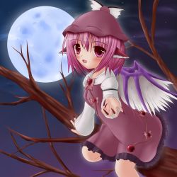 Rule 34 | arm support, bird wings, branch, dress, fingernails, full moon, hat, highres, in tree, juliet sleeves, long fingernails, long sleeves, looking at viewer, moon, mystia lorelei, night, open mouth, outdoors, outstretched hand, pink eyes, pink hair, puffy sleeves, rishu (stilla stella), sharp fingernails, short hair, solo, touhou, tree, wings