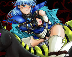 Rule 34 | 10s, 1990s (style), 1girl, 2014, bdsm, blue eyes, blue hair, bondage, bound, cape, chinese zodiac, covered erect nipples, horse (chinese zodiac), magic knight rayearth, new year, nipples, rope, ryuuzaki umi, sad (artist), thighhighs, torn clothes, wooden horse, year of the horse