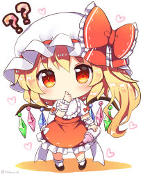 Rule 34 | 1girl, ?, ??, blonde hair, blush, chibi, commentary request, crystal, flandre scarlet, full body, ghtnh5110, hat, heart, long hair, looking at viewer, ramudia (lamyun), red eyes, side ponytail, simple background, socks, solo, standing, thumb sucking, touhou, twitter username, white background, white hat, white socks, wings