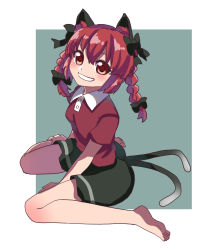 Rule 34 | 1girl, alternate costume, animal ear fluff, animal ears, barefoot, between legs, black bow, black skirt, blush, border, bow, braid, breasts, cat ears, cat tail, eyebrows hidden by hair, full body, grin, hair between eyes, hair bow, hair ribbon, hand between legs, highres, kaenbyou rin, long hair, looking at viewer, multiple tails, nekomata, one-hour drawing challenge, outside border, puffy short sleeves, puffy sleeves, red eyes, red hair, red shirt, renshirenji, ribbon, shirt, short sleeves, sitting, skirt, small breasts, smile, soles, solo, tail, toes, touhou, tress ribbon, twin braids, twintails, two tails, wariza, white border, wing collar