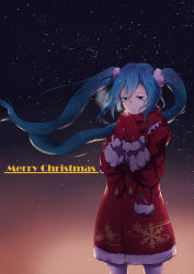Rule 34 | 1girl, absurdres, alternate costume, blue eyes, blue hair, blush, breath, coat, cowboy shot, floating hair, frills, fur-trimmed sleeves, fur trim, gradient background, hair ornament, hair scrunchie, half-closed eyes, hatsune miku, highres, jin yun, light particles, long hair, long sleeves, merry christmas, mittens, own hands together, pantyhose, print coat, red coat, red mittens, red scarf, scarf, scrunchie, snowflake print, solo, spring onion, standing, very long hair, vocaloid, white pantyhose, wind, winter clothes, winter coat