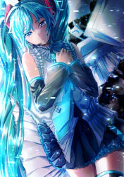 Rule 34 | 1girl, absurdres, aqua hair, black sleeves, blue eyes, detached sleeves, dutch angle, frilled skirt, frills, grey shirt, hatsune miku, hatsune miku happy 16th birthday -dear creators-, headset, highres, long hair, looking at viewer, necktie, own hands together, parted lips, pleated skirt, reiro sakura, shirt, skirt, sleeveless, solo, swept bangs, thighhighs, thighs, twintails, very long hair, vocaloid