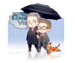 Rule 34 | 2boys, bear (person of interest), black suit, brown hair, dog, eye contact, formal, full body, glasses, grey hair, hair slicked back, harold finch (person of interest), holding, holding umbrella, john reese (person of interest), lingcat, long sideburns, looking at another, male focus, mature male, multicolored hair, multiple boys, person of interest, puddle, rain, reflection, reflective water, short hair, side-by-side, sideburns, smile, streaked hair, suit, umbrella, walking