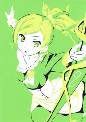 Rule 34 | 1girl, aru (photozou), asagi asuka, bare shoulders, border, bow (weapon), breasts, clothing request, collarbone, flat color, green background, green eyes, green hair, hair ornament, hair ornament request, heart-shaped ornament, kirigami, looking at viewer, magical suite prism nana, medium breasts, open mouth, paper cutout (medium), papercraft, papercraft (medium), ponytail, solo, solo focus, traditional media, weapon
