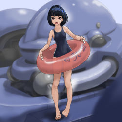 Rule 34 | 1girl, bare shoulders, barefoot, black hair, black one-piece swimsuit, black school swimsuit, blurry, blurry background, breasts, brown eyes, commentary request, full body, highres, holding, holding swim ring, innertube, mecha, new school swimsuit, one-piece swimsuit, original, red innertube, robot, rohitsuka, school swimsuit, short hair, small breasts, solo, standing, swim ring, swimsuit, toes, zoom layer