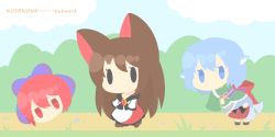 Rule 34 | 3girls, animal ears, black skirt, blue hair, blue sky, bow, brooch, brown eyes, brown hair, bush, cape, carrying, chibi, cloud, day, disembodied head, dress, fins, grass, hair between eyes, hair bow, head fins, imaizumi kagerou, japanese clothes, jewelry, jitome, kimono, long hair, long sleeves, multiple girls, no mouth, obi, princess carry, red hair, red skirt, ribbon, sash, sekibanki, short hair, skirt, sky, solid oval eyes, touhou, very long hair, wakasagihime, white dress, wolf ears, ziogon