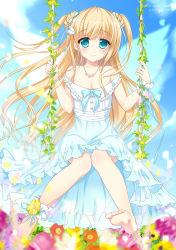 Rule 34 | 1girl, ameto yuki, ankle garter, bare shoulders, barefoot, blonde hair, blue eyes, blush, bow, breasts, cleavage, dress, feet, field, flower, flower field, hair bow, jewelry, long hair, necklace, off shoulder, original, petals, plant, sitting, smile, solo, swing, twintails, two side up, very long hair, vines, wings