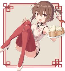 Rule 34 | 1girl, alternate costume, armpits, bamboo steamer, baozi, breasts, brown eyes, brown hair, china dress, chinese clothes, commentary request, dress, dumpling, etou kanami, floral print, food, hair ornament, high heels, highres, knees up, looking at viewer, medium breasts, microdress, nail polish, one side up, open mouth, pera, plate, red nails, red thighhighs, short hair, sleeveless, sleeveless dress, solo, thighhighs, toji no miko, zettai ryouiki