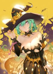 Rule 34 | 1girl, absurdres, animal, bare shoulders, bat (animal), bat earrings, black hat, black leotard, black pantyhose, breasts, cleavage, collarbone, commentary request, detached collar, detached sleeves, earrings, frilled sleeves, frills, green hair, halloween, hand on headwear, hat, highres, jewelry, juliet sleeves, koi han, large breasts, leotard, long sleeves, nail polish, open mouth, orange nails, original, pantyhose, puffy sleeves, pumpkin, purple eyes, purple ribbon, ribbon, short hair, skindentation, solo, thigh gap, witch hat, yellow background