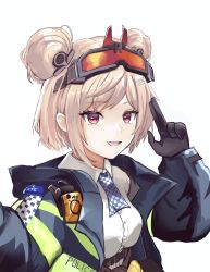 Rule 34 | 1girl, absurdres, arm up, ascot, black gloves, blue ascot, blue jacket, breasts, commission, double bun, eyewear on head, girls&#039; frontline, gloves, hair bun, hair ornament, hairclip, hairpin, harness, highres, index finger raised, jacket, light smile, long sleeves, looking at viewer, medium breasts, medium hair, min-tami, open clothes, open jacket, open mouth, p90 (girls&#039; frontline), pink hair, pixiv commission, police, police uniform, policewoman, red eyes, safety glasses, shirt, sig mcx (girls&#039; frontline), simple background, solo, teeth, transparent background, uniform, upper body, upper teeth only, walkie-talkie, white shirt