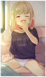 Rule 34 | 1girl, ;o, animal, backlighting, bed, bed sheet, blush, cat, collar, collarbone, grey hair, hand to own mouth, highres, indoors, long hair, makaino ririmu, multicolored hair, nijisanji, no pants, on bed, one eye closed, open mouth, panties, pillow, pink hair, pointy ears, red collar, red eyes, sabamen, shirt, sitting, streaked hair, sunlight, t-shirt, two-tone hair, underwear, virtual youtuber, white panties, yawning
