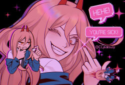 Rule 34 | 1girl, ;), artist name, black necktie, blood, chainsaw man, collared shirt, cross-shaped pupils, czy (2894456992), demon horns, fangs, finger heart, grin, hair between eyes, holding, horns, jacket, long hair, looking at viewer, middle finger, multiple girls, multiple views, necktie, one eye closed, power (chainsaw man), red horns, sharp teeth, shirt, smile, symbol-shaped pupils, teeth, white shirt, yellow eyes