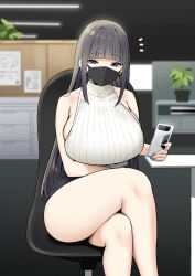 Rule 34 | 1girl, armpit crease, bare legs, black hair, black shorts, blunt bangs, blurry, blurry background, breasts, cellphone, crossed legs, desk, highres, hime cut, holding, holding phone, huge breasts, looking at viewer, mask, mouth mask, notice lines, office, office lady, original, phone, plant, potted plant, purple eyes, purple nails, short shorts, shorts, sitting, sky-freedom, sleeveless, sleeveless turtleneck, smartphone, solo, sweater, sweater tucked in, thighs, turtleneck, white sweater