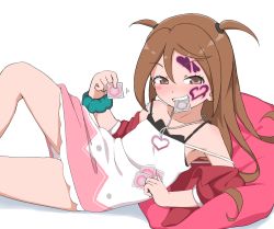 Rule 34 | 1girl, arm support, brown eyes, brown hair, bubukka, clenched teeth, condom, condom wrapper, dress, facial tattoo, flat chest, heart, heart pendant, heart tattoo, jewelry, kagami tina, long hair, mouth hold, mushiking, pendant, pillow, shin kouchuu ouja mushiking, simple background, smile, solo, tattoo, teeth, two side up, white background