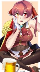 Rule 34 | 1girl, absurdres, bad link, breasts, chadgarciaburg, cleavage, gloves, hair ribbon, hand on own face, heterochromia, highres, hololive, houshou marine, houshou marine (1st costume), jacket, large breasts, long hair, navel, red eyes, red hair, red jacket, ribbon, see-through, solo, thighhighs, twintails, upskirt, virtual youtuber, yellow eyes