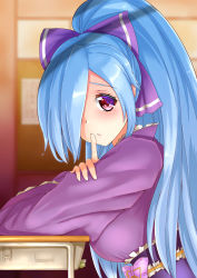 Rule 34 | .live, blue hair, blush, bow, classroom, crossed arms, desk, frilled kimono, frills, from side, hair bow, hair over one eye, high ponytail, highres, index finger raised, japanese clothes, kimono, long hair, long sleeves, obi, ponytail, purple bow, purple kimono, red eyes, sash, school desk, solo, tipo (tipoplaza), upper body, very long hair, virtual youtuber, wide sleeves, yamato iori