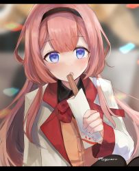 Rule 34 | 1girl, :o, artist name, black hairband, blue eyes, blurry, blurry background, bow, bowtie, brown hair, churro, eating, hairband, highres, long sleeves, looking at viewer, nijisanji, open mouth, outdoors, red bow, red bowtie, solo, suo sango, suo sango (1st costume), togemaru (h2so4), upper body, virtual youtuber