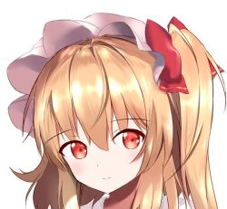 Rule 34 | 1girl, blonde hair, closed mouth, flandre scarlet, hair between eyes, hat, light smile, looking at viewer, lutuan kino, medium hair, mob cap, one side up, portrait, red eyes, solo, touhou, white background, white hat