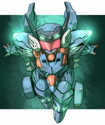 Rule 34 | charging forward, chibi, glowing, glowing eyes, green eyes, highres, jehuty, looking at viewer, mecha, no humans, open hands, orbital frame (zone of the enders), robot, science fiction, solo, vuccha, zone of the enders