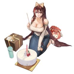 Rule 34 | 1girl, animal print, bag, blue eyes, blue skirt, bow, box, bra strap, brown hair, cake, cropped shoulders, cropped sweater, food, full body, game cg, gift, gift box, hair between eyes, hair bow, hand on own thigh, highres, holding, holding fireworks, last origin, looking at viewer, official art, open bag, pencil skirt, rabbit print, red eyes, ribbed sweater, rorobomb, skirt, smile, socks, solo, strap slip, sweater, tachi-e, transparent background, valkyrie (last origin), white socks