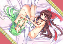 Rule 34 | 2girls, amemiya ruki, blush, bow, breasts, brown eyes, brown hair, cleavage, convenient censoring, from above, green hair, hair bow, hair censor, hakurei reimu, highres, holding hands, kochiya sanae, lace, lace-trimmed legwear, lace trim, long hair, looking at viewer, medium breasts, multiple girls, navel, nude, parted lips, red bow, red ribbon, ribbon, shiny skin, small breasts, smile, sparkle, thighhighs, touhou, white legwear, yellow eyes