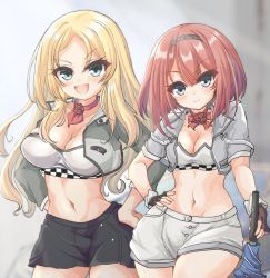 Rule 34 | 2girls, adapted costume, ark royal (kancolle), ascot, black gloves, black skirt, blonde hair, blue eyes, blue umbrella, blunt bangs, bob cut, bra, breasts, cleavage, commentary request, cowboy shot, cropped jacket, fingerless gloves, flower, gloves, grey jacket, hairband, highres, inverted bob, jacket, kantai collection, kasashi (kasasi008), large breasts, looking at viewer, medium breasts, midriff, multiple girls, nelson (kancolle), planted, planted umbrella, race queen, red ascot, red flower, red hair, red rose, rose, short hair, shorts, skirt, smile, strapless, strapless bra, umbrella, underwear, white bra, white shorts