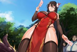 Rule 34 | 1girl, bare shoulders, black hair, blush, breasts, china dress, chinese clothes, cloud, covered navel, day, detached sleeves, dress, fire, flower, forest, from below, groin, hair between eyes, hair flower, hair ornament, highres, kcccc, large breasts, legs, long hair, looking at viewer, looking down, nature, no eyes, ofuda, original, outdoors, parted lips, red eyes, sky, smile, standing, thighhighs, thighs, thong, tree