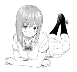 Rule 34 | 1girl, bad id, bad pixiv id, greyscale, kamiyama aya, looking at viewer, lying, monochrome, on stomach, simple background, skirt, smile, solo, white background