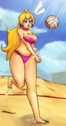Rule 34 | 1girl, alternate hairstyle, artist request, ball, beach volleyball, bikini, blonde hair, blue eyes, breasts, derivative work, feet, female focus, full body, highres, large breasts, legs, long hair, looking at viewer, low ponytail, mario (series), navel, nintendo, open mouth, pink bikini, pink lips, playing sports, princess, princess peach, sand, solo, source request, super mario 64, swimsuit, thighs, volleyball, volleyball (object)