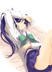 Rule 34 | 00s, 1girl, arm up, bed, blue eyes, blue hair, bow, from above, hair ribbon, itou noemi, legs up, long hair, lying, matching hair/eyes, midriff, on back, open mouth, pleated skirt, ponytail, purple eyes, purple hair, ribbon, school uniform, serafuku, side ponytail, skirt, solo, thighs, with you