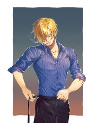 Rule 34 | 1boy, a28841434, adjusting clothes, blonde hair, blue shirt, cigarette, closed eyes, commentary, curly eyebrows, facial hair, goatee, gradient background, highres, korean commentary, male focus, one piece, sanji (one piece), shirt, short hair, simple background, sleeves rolled up, solo, striped clothes, striped shirt, vertical-striped clothes, vertical-striped shirt