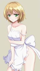 Rule 34 | 1girl, absurdres, apron, bad id, bad pixiv id, bare arms, bare shoulders, blonde hair, blush, collarbone, green eyes, highres, md5 mismatch, mizuhashi parsee, naked apron, off shoulder, pointy ears, simple background, solo, strap slip, touhou, wendell