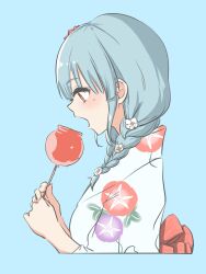Rule 34 | 1girl, absurdres, blue background, blue hair, blush, braid, breasts, candy, candy apple, cropped torso, flower, food, from side, hair between eyes, hair flower, hair ornament, hair over shoulder, highres, holding, holding candy, holding food, hyodou shizuku, idoly pride, japanese clothes, kimono, kinokko (kinokkoooo), long bangs, long hair, looking down, low twin braids, obi, open mouth, print kimono, profile, red eyes, sash, sidelocks, simple background, small breasts, solo, twin braids, white flower, white kimono, yukata