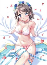 Rule 34 | 1girl, absurdres, arm support, bare shoulders, bead bracelet, bead necklace, beads, bed sheet, bikini, blue eyes, blue flower, blue rose, blush, bracelet, breasts, brown hair, cleavage, closed mouth, collarbone, flower, gloves, hair flower, hair ornament, heart, highres, jewelry, knee up, large breasts, leaning back, looking at viewer, looking up, love live!, love live! sunshine!!, medium breasts, navel, necklace, petals, ribbon, rose, sankuro (agoitei), scan, short hair, side-tie bikini bottom, simple background, sitting, smile, solo, stomach, swept bangs, swimsuit, thigh strap, thighs, watanabe you, white bikini, white gloves, white ribbon