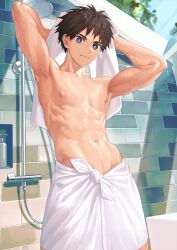 Rule 34 | 1boy, abs, black hair, closed mouth, day, highres, holding, holding towel, male focus, navel, nayoshi (r-744), nipples, original, outdoors, paid reward available, short hair, sky, solo, toned, toned male, towel, towel around waist