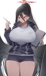 Rule 34 | 1girl, absurdly long hair, absurdres, bike shorts, black hair, black wings, blue archive, blush, breasts, covered erect nipples, cow, feathered wings, hair between eyes, halo, hasumi (blue archive), hasumi (track) (blue archive), highres, holding, holding pen, huge breasts, jacket, long hair, long sleeves, looking afar, partially unzipped, pen, ponytail, red eyes, shibuya (kurokamishain), short shorts, shorts, simple background, single sidelock, solo, tears, thick thighs, thighs, track jacket, very long hair, white background, wings