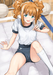Rule 34 | 1girl, arm support, ball, basketball, basketball (object), blush, breasts, buruma, collarbone, gym shirt, hair ornament, hair scrunchie, highres, idolmaster, idolmaster (classic), idolmaster million live!, knee up, looking at viewer, mat, orange hair, scrunchie, shirt, short sleeves, sitting, small breasts, solo, takatsuki yayoi, tsurui, v, volleyball, volleyball (object)