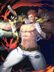 Rule 34 | 1boy, abs, bara, beard, belt, blue eyes, brown hair, epaulettes, facial hair, fate/grand order, fate (series), fighting stance, huge weapon, jacket, large pectorals, long sideburns, long sleeves, male focus, manly, military, military uniform, muscular, napoleon bonaparte (fate), nipples, open clothes, open jacket, pants, pectorals, scar, smile, solo, tearing clothes, teeth, thighs, torn clothes, uniform, waku (ayamix), weapon