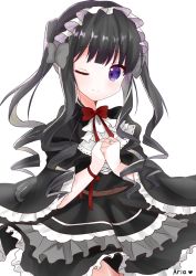 Rule 34 | 1girl, belt, black dress, black hair, blunt bangs, blush, bow, bowtie, brown belt, closed mouth, commentary request, cowboy shot, doko ka no hosono, dress, drill hair, drill sidelocks, headdress, highres, jewelry, juliet sleeves, long hair, long sleeves, looking at viewer, one eye closed, original, own hands together, puffy sleeves, purple eyes, red bow, red bowtie, ring, sidelocks, simple background, smile, solo, split mouth, twintails, white background, wide sleeves