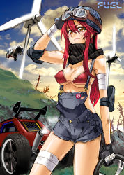 Rule 34 | 1girl, bandages, bikini, bikini top only, breasts, car, cleavage, elbow pads, gloves, goggles, goggles on head, helmet, large breasts, long hair, motor vehicle, overalls, red hair, satou shouji, scarf, solo, swimsuit, vehicle, wind turbine, windmill