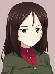 Rule 34 | 1girl, bad id, bad twitter id, black hair, blue eyes, closed mouth, commentary, flatfield, girls und panzer, green jacket, grey background, highres, insignia, jacket, long hair, looking at viewer, nonna (girls und panzer), portrait, pravda school uniform, red shirt, school uniform, shirt, simple background, smile, solo, swept bangs, turtleneck
