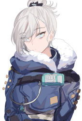 Rule 34 | 1girl, animification, apex legends, apex legends mobile, blue eyes, blue jacket, cable, fur trim, hair behind ear, hair bun, highres, jacket, looking to the side, miyasaka miyabi, official alternate costume, portrait, sketch, snow ground wraith, solo, white hair, wraith (apex legends)