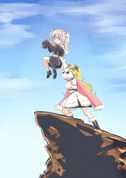 Rule 34 | animal ears, armpits, black jacket, blonde hair, blue sky, boots, cape, cliff, cloud, cloudy sky, commentary request, crossover, detached sleeves, dress, earrings, fur-trimmed cape, fur-trimmed dress, fur trim, grey eyes, grey hair, hair between eyes, highres, holding person, hololive, horns, jacket, jewelry, lion ears, lion girl, long hair, outstretched arms, parody, pink cape, sheep girl, sheep horns, shibe362, shishiro botan, shishiro botan (1st costume), single thighhigh, sky, sleeves past wrists, thighhighs, tsunomaki watame, tsunomaki watame (1st costume), virtual youtuber, white dress