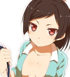 Rule 34 | 10s, 1girl, blush, breasts, brown hair, closed mouth, collarbone, from above, hentai ouji to warawanai neko., jacket, long hair, looking at viewer, maimaki mai, no bra, open clothes, open shirt, outline, red eyes, sekina, shirt, simple background, small breasts, solo, swept bangs, track jacket, tsurime, upper body, white background