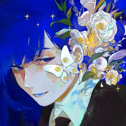 Rule 34 | 1other, androgynous, animal, animal on head, black shirt, blending, blue background, blue eyes, blue hair, blue tongue, bouquet, bug, collared shirt, colored eyelashes, colored tongue, flower, flower request, gem uniform (houseki no kuni), hair behind ear, half-closed eyes, highres, houseki no kuni, insect, lapis lazuli (houseki no kuni), looking at viewer, looking to the side, moth, on head, open mouth, patterned background, patterned hair, portrait, shirt, sideways glance, smile, snake, sparkle, white flower, white shirt, xiaoxiaoguguzi