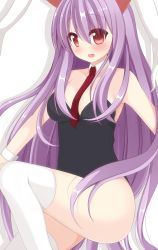 1girl animal_ears bare_shoulders between_breasts breasts chimunge collarbone detached_collar female_focus highres legs leotard long_hair looking_at_viewer necktie open_mouth playboy_bunny purple_hair rabbit_ears red_eyes red_necktie reisen_udongein_inaba shadow shy simple_background smile solo thighhighs touhou very_long_hair white_background white_thighhighs wrist_cuffs