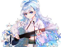 Rule 34 | 1girl, acoustic guitar, blue eyes, blue hair, blush, braid, closed mouth, colored tips, commentary, cropped hoodie, french braid, guitar, half updo, high ponytail, highres, holding, holding guitar, holding instrument, hololive, hololive indonesia, hood, hoodie, instrument, kobo kanaeru, kobo kanaeru (1st costume), long hair, long sleeves, looking at viewer, multicolored hair, pants, playing guitar, ringed eyes, simple background, smile, solo, sowon, split ponytail, transparent background, twitter username, upper body, virtual youtuber, wavy hair, white hair, white hoodie, white pants