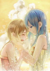 Rule 34 | 2girls, arm grab, backlighting, blue eyes, blue hair, brown hair, commentary, crying, dress, closed eyes, hand up, hands on another&#039;s face, hands on another&#039;s head, heads together, koyami tsukito, light, light particles, long hair, multiple girls, muted color, open mouth, original, sad, short hair, sobbing, sundress, tears, transparent, upper body, yellow theme