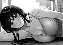 Rule 34 | 1girl, armpits, blush, breasts, camisole, cleavage, greyscale, grin, ice reizou, indoors, large breasts, long hair, looking at viewer, lying, mole, mole under mouth, monochrome, on side, original, sliding doors, smile, solo, sweat, upper body