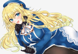 Rule 34 | 1girl, ascot, ass, atago (kancolle), beret, black gloves, black pantyhose, blonde hair, blue hat, blush, breasts, chamumi (mochiumee), fur collar, gloves, green eyes, hat, kantai collection, large breasts, long hair, looking at viewer, lying, military, military uniform, pantyhose, skirt, solo, uniform, white background